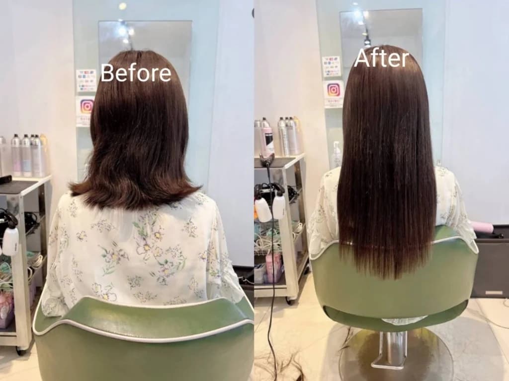 店内でのビフォーアフター。短い髪から、ストレートのロングヘアへ